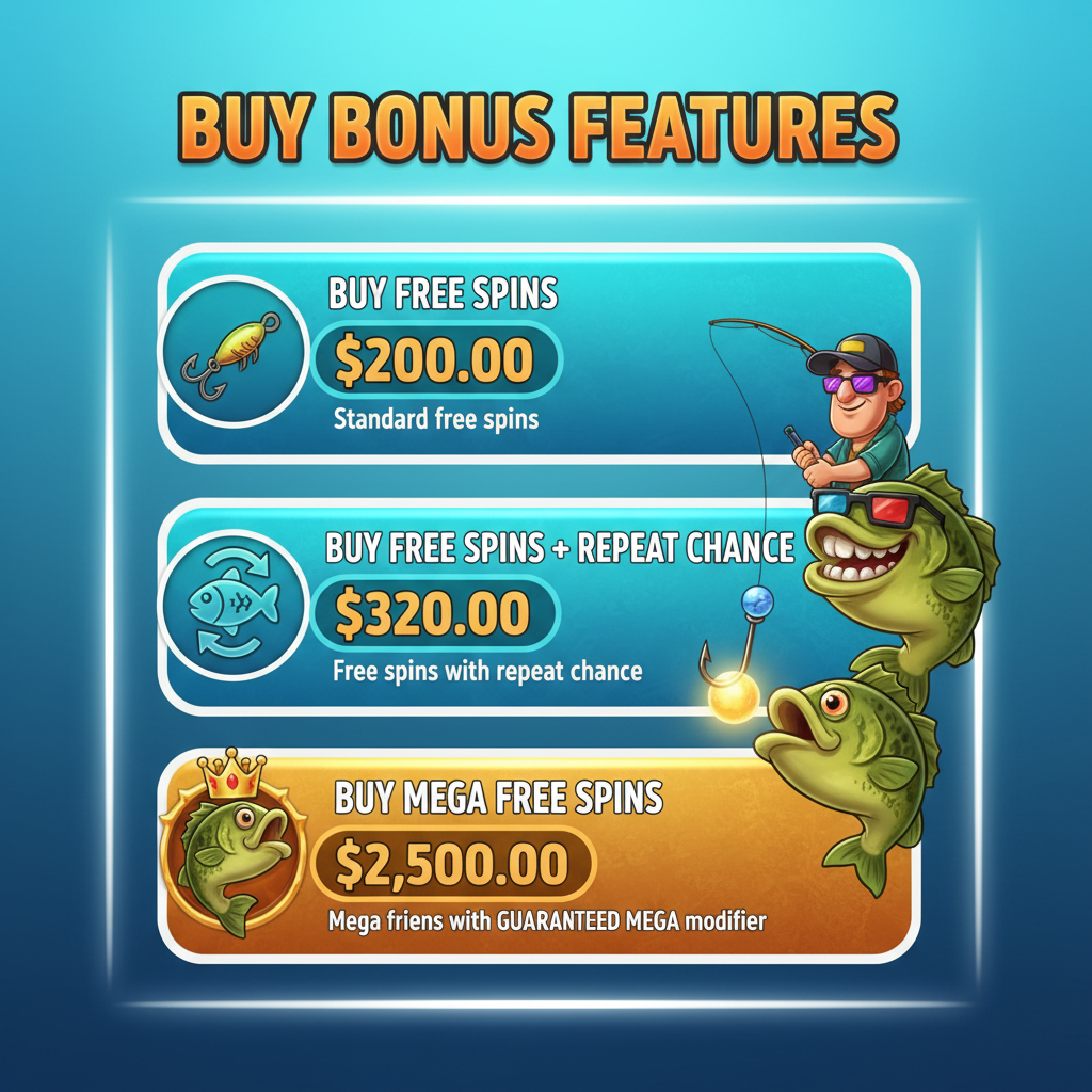 Big Bass Reel Repeat buy bonus menu showing three purchase options: standard free spins at 100x, free spins with repeat chance at 160x, and mega free spins at 1250x total bet