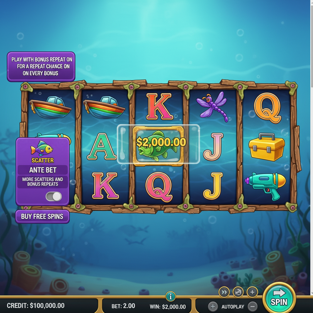Big Bass Reel Repeat main game screen showing the 5x3 reel grid with symbols including motorboat, water gun, tackle box and money fish