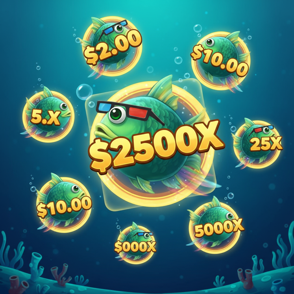 Big Bass Reel Repeat money fish symbols displaying various multiplier values from 2x up to 5000x total bet including giant 2x2 and 3x3 versions