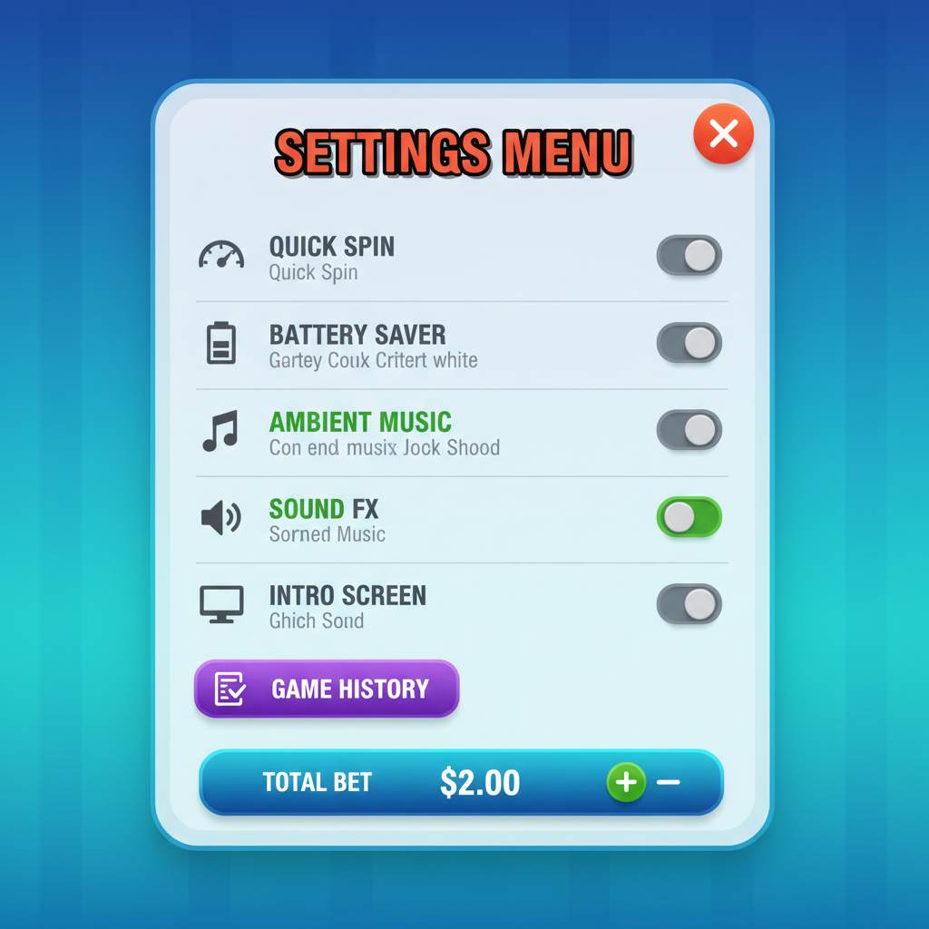 Big Bass Reel Repeat settings menu showing quick spin, battery saver, ambient music, sound effects and intro screen toggle options