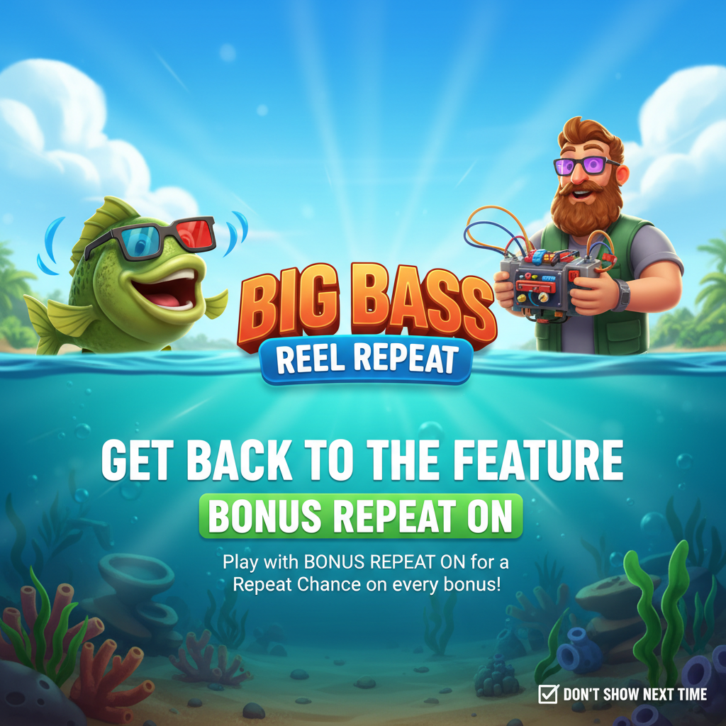 Big Bass Reel Repeat game splash screen showing the fisherman character and green fish with 3D glasses against an underwater background